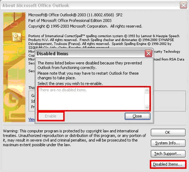 outlook disable